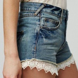 Free People Denim Shorts Lace Trim Distressed Boho Festival Size 26